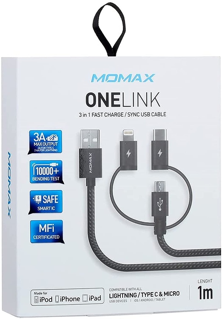 MOMAX OneLink 3-in-1 USB-A to Micro/Lightning/Type C