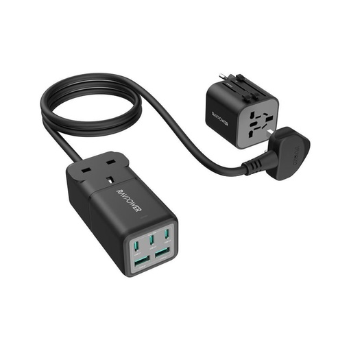 [RP-PC1062] RAVPower 75W 5-Port Power Strip UK plug + Travel charger adapter (Black)