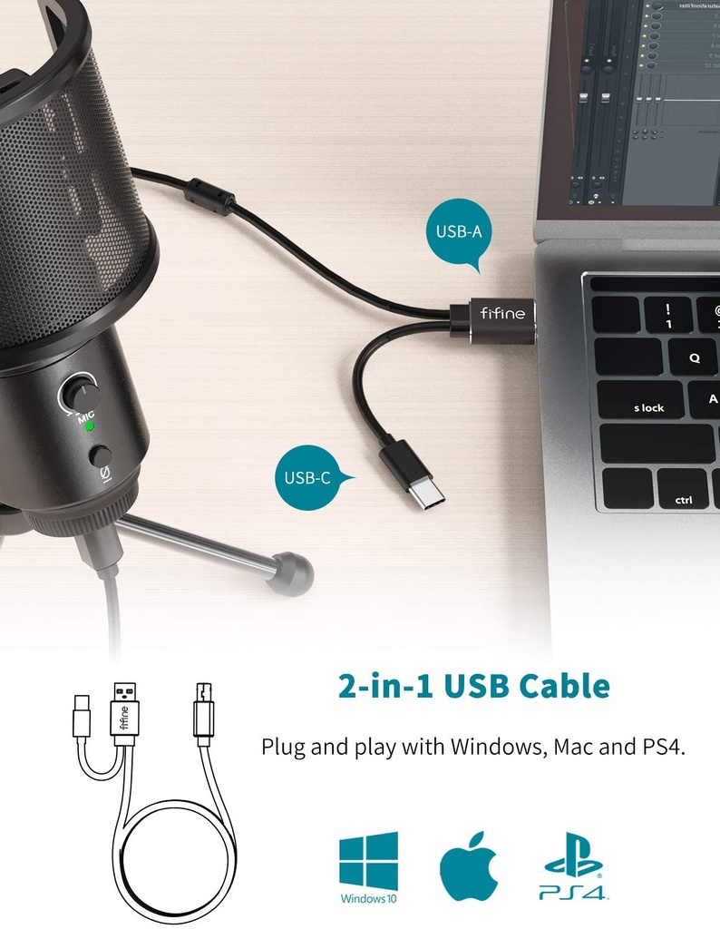FIFINE USB-C Mic with a Pop Filter, a Mute Button and a Monitoring Jack for Recording