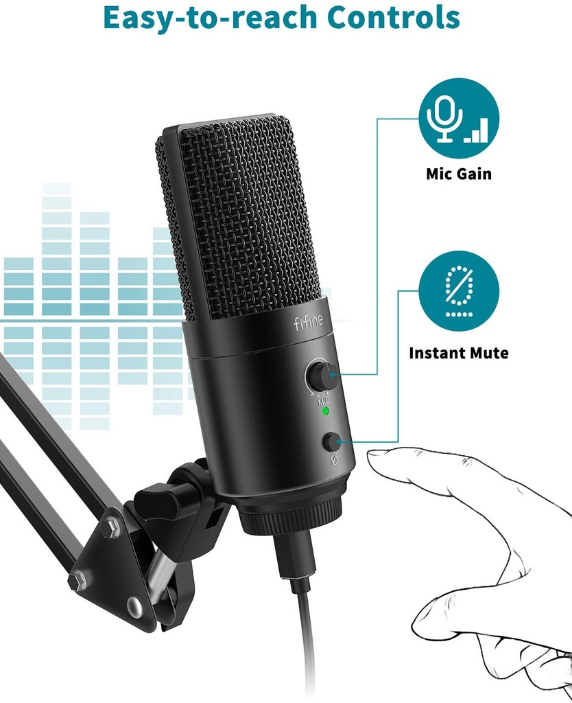 FIFINE USB-C Mic with a Pop Filter, a Mute Button and a Monitoring Jack for Recording