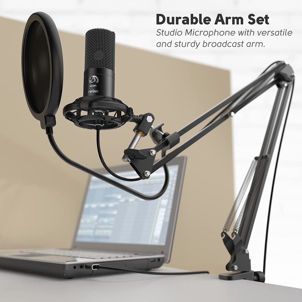 FIFINE USB Microphone Bundle with Arm Stand and Shock Mount for Streaming, Podcasting