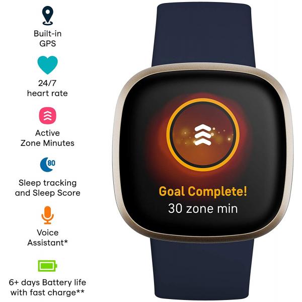 Fitbit Versa 3 Health &amp; Fitness Smartwatch (Midnight/Soft Gold)
