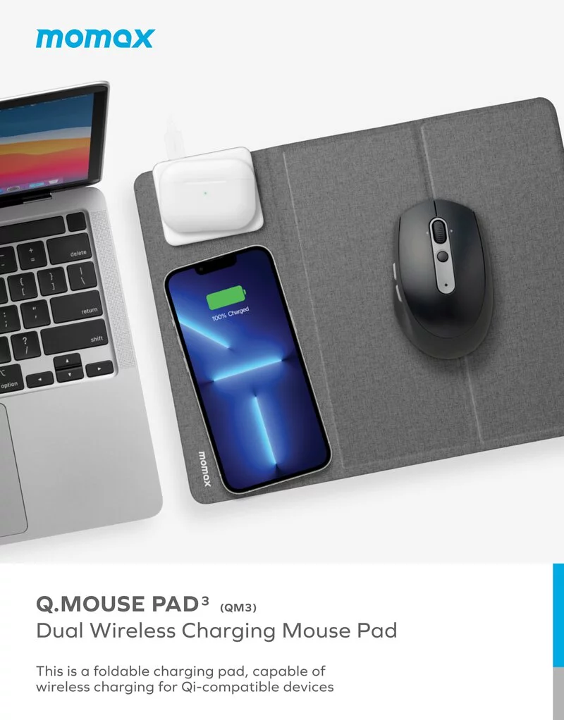 MOMAX Dual Wireless Charging Mouse Pad (Dark Grey)