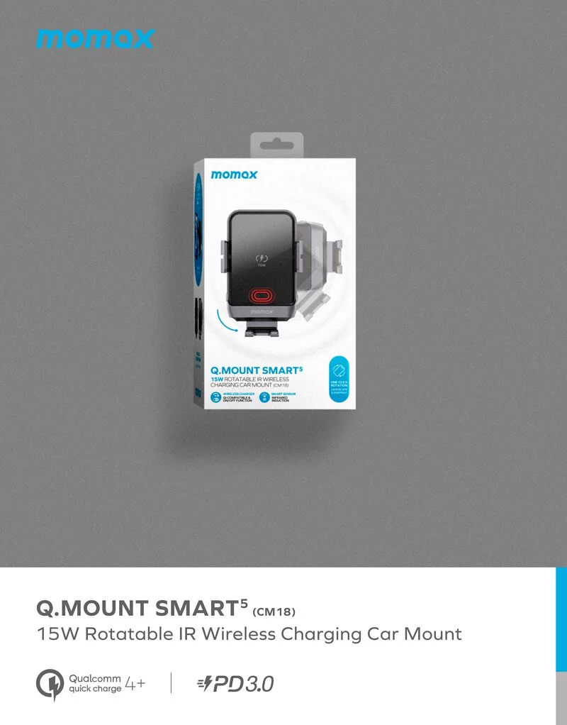 MOMAX Q.Mount Smart5 Infrared Induction Rotating Wireless Charging Car Holder Bundle (Black)