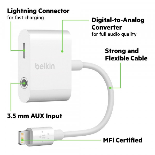 Belkin 3.5 mm Audio + Charge RockStar Adapter for iPhone 7/8 and X