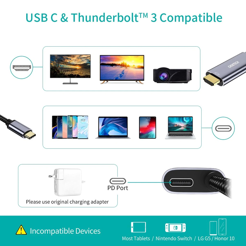 CHOETECH USB-C to HDMI Cable with PD Charging