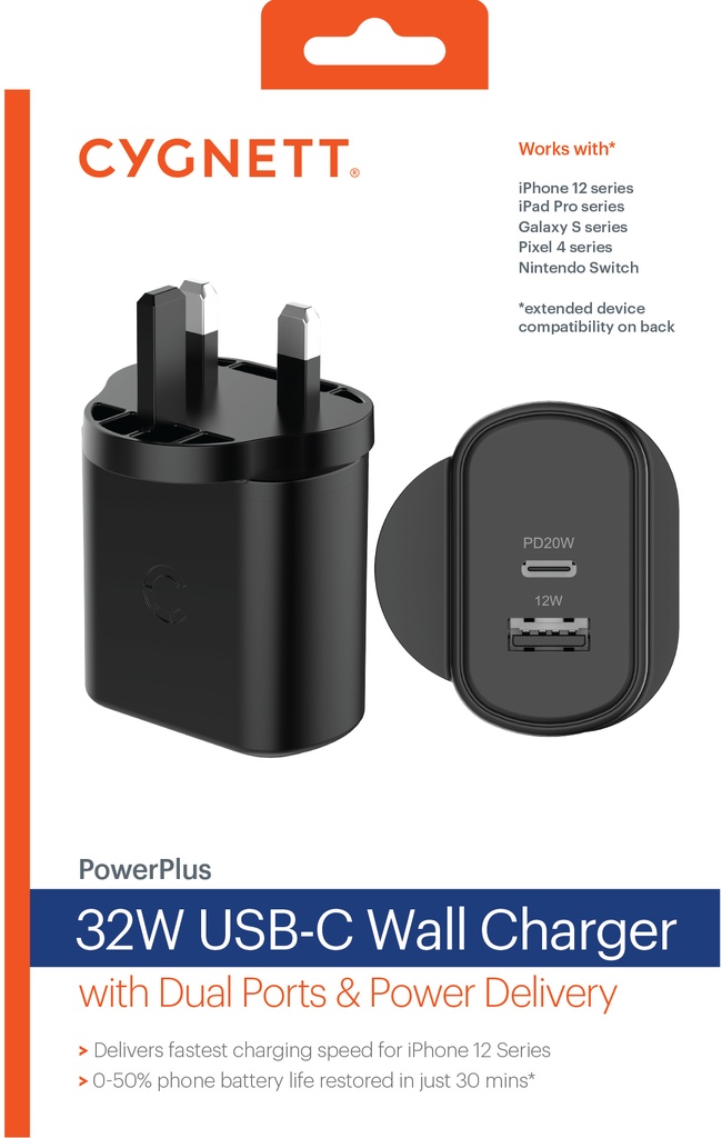 Cygnett 32W USB-C PD Dual Port Wall Charger UK (Black)