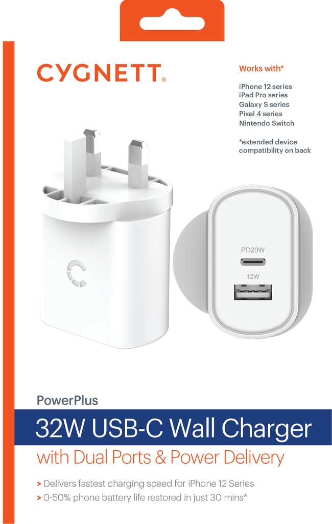 Cygnett 32W USB-C PD Dual Port Wall Charger UK (White)