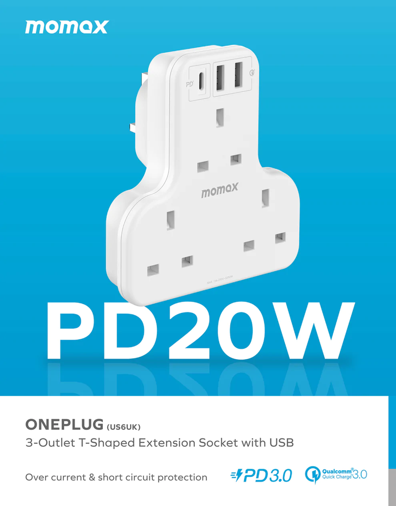 Momax ONEPLUG PD20W 2A1C 3 outlet T strip (White)