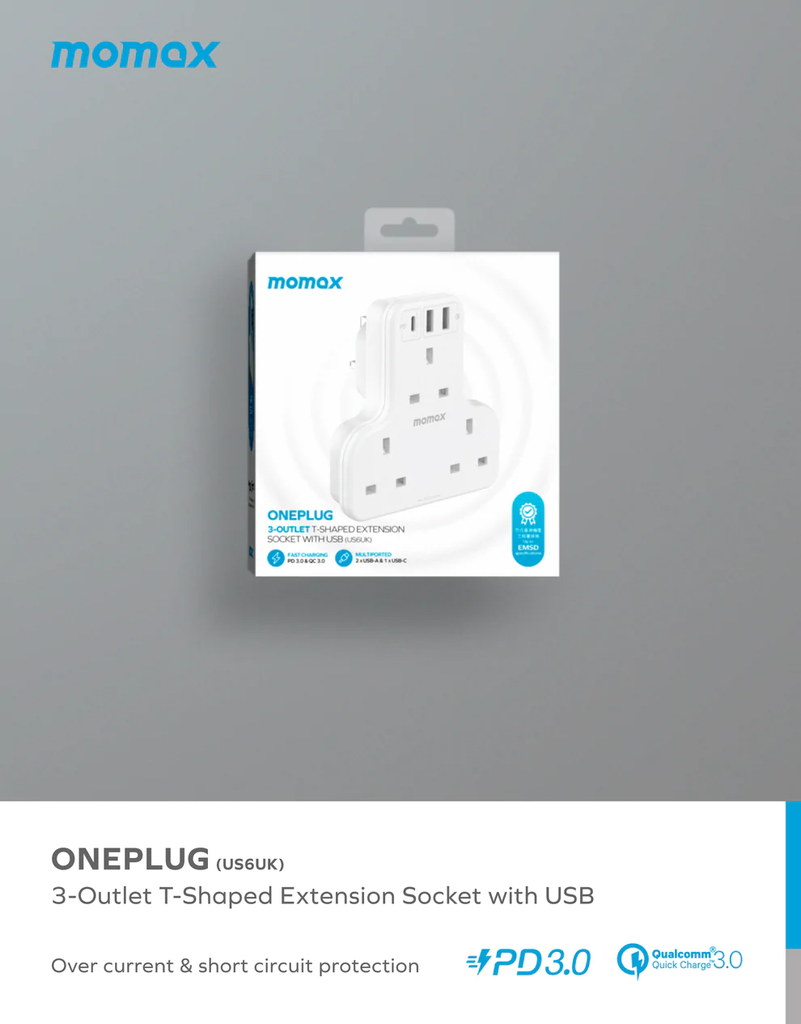 Momax ONEPLUG PD20W 2A1C 3 outlet T strip (White)