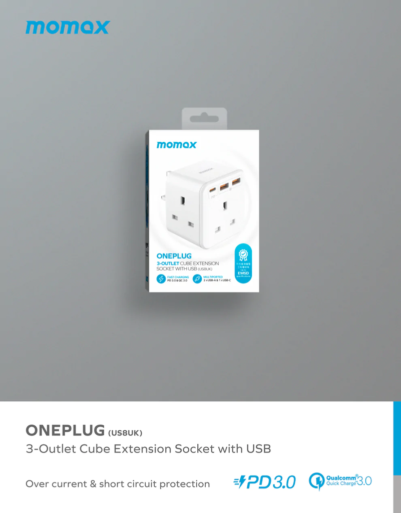 Momax ONEPLUG PD20W 2A1C 3outlet strip (White)