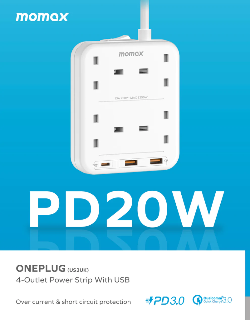 Momax ONEPLUG PD20W 2A1C 4 outlet  (White)