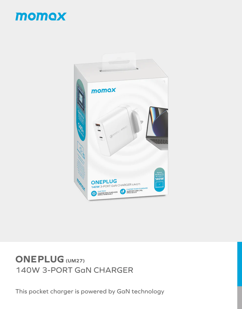 Momax ONEPlug 140W 3-Port GaN Charger (UK) (White)