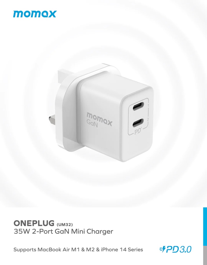 Momax One Plug 35W 2-Port GaN Mini Charger (White)