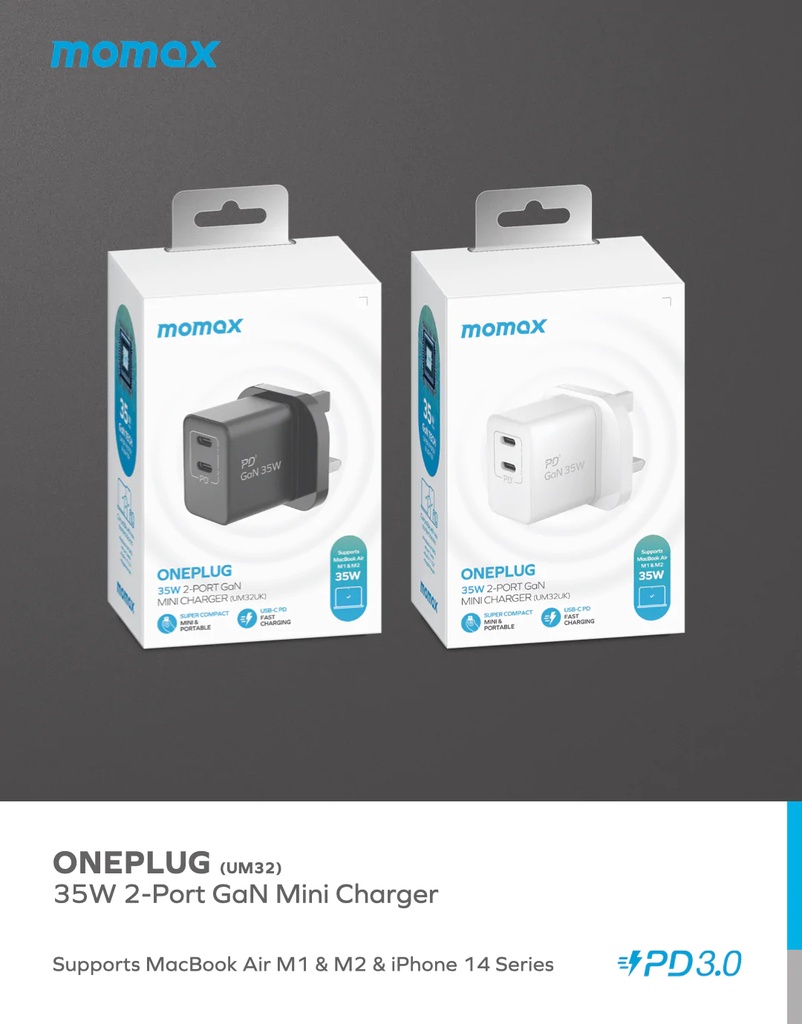 Momax One Plug 35W 2-Port GaN Mini Charger (White)