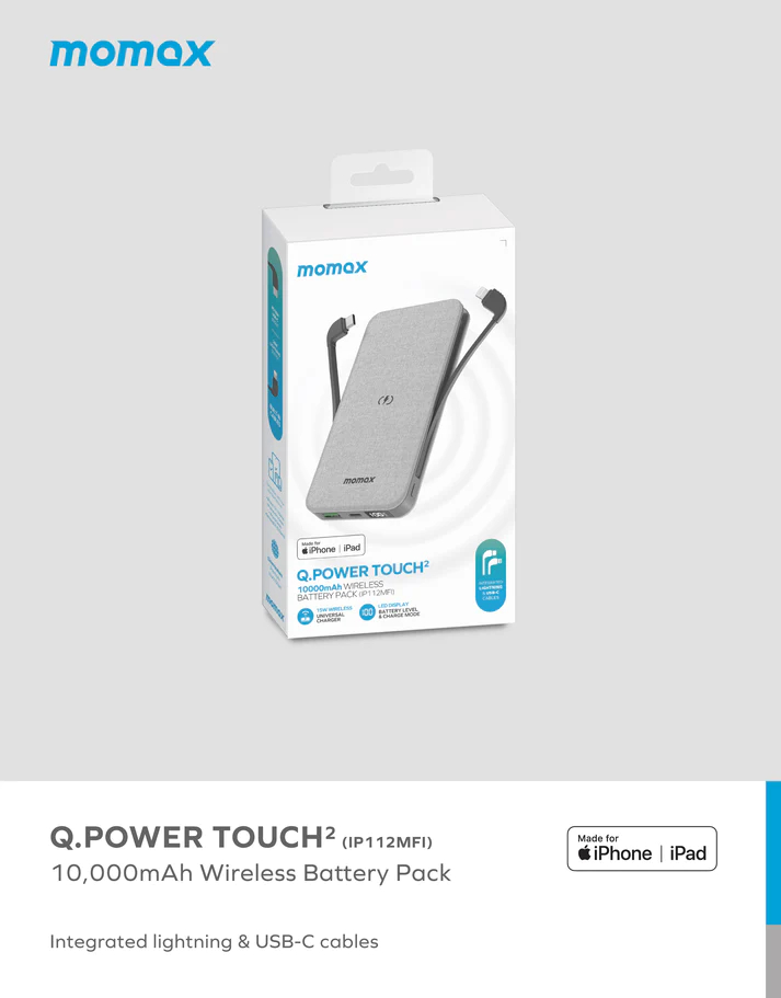 Momax Q.Power TOUCH 2 Wireless Charging Power Bank 10000mAh (Light Grey)