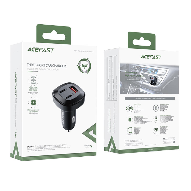 Acefast Metal Car Charger 66W 3 Port 2xUSB-C+USB-A (Black)
