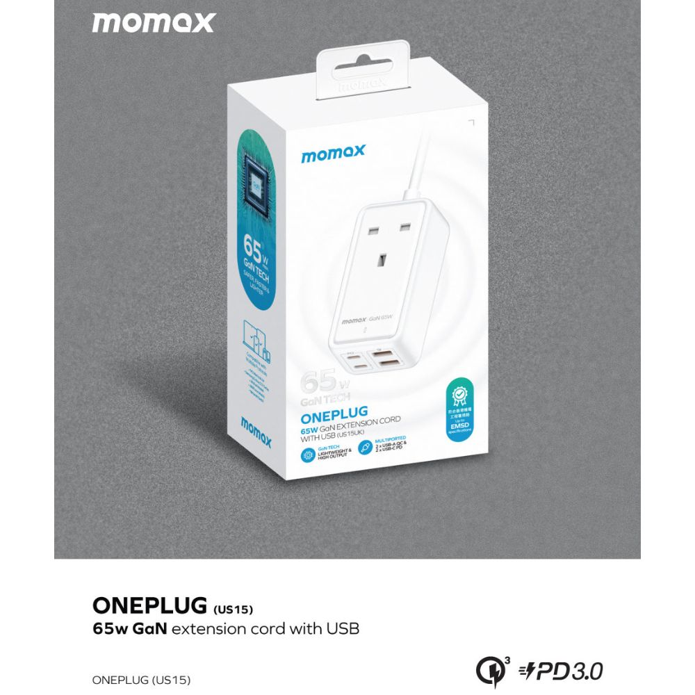 Momax ONEPLUG 65W GaN Extension Cord with USB (White)