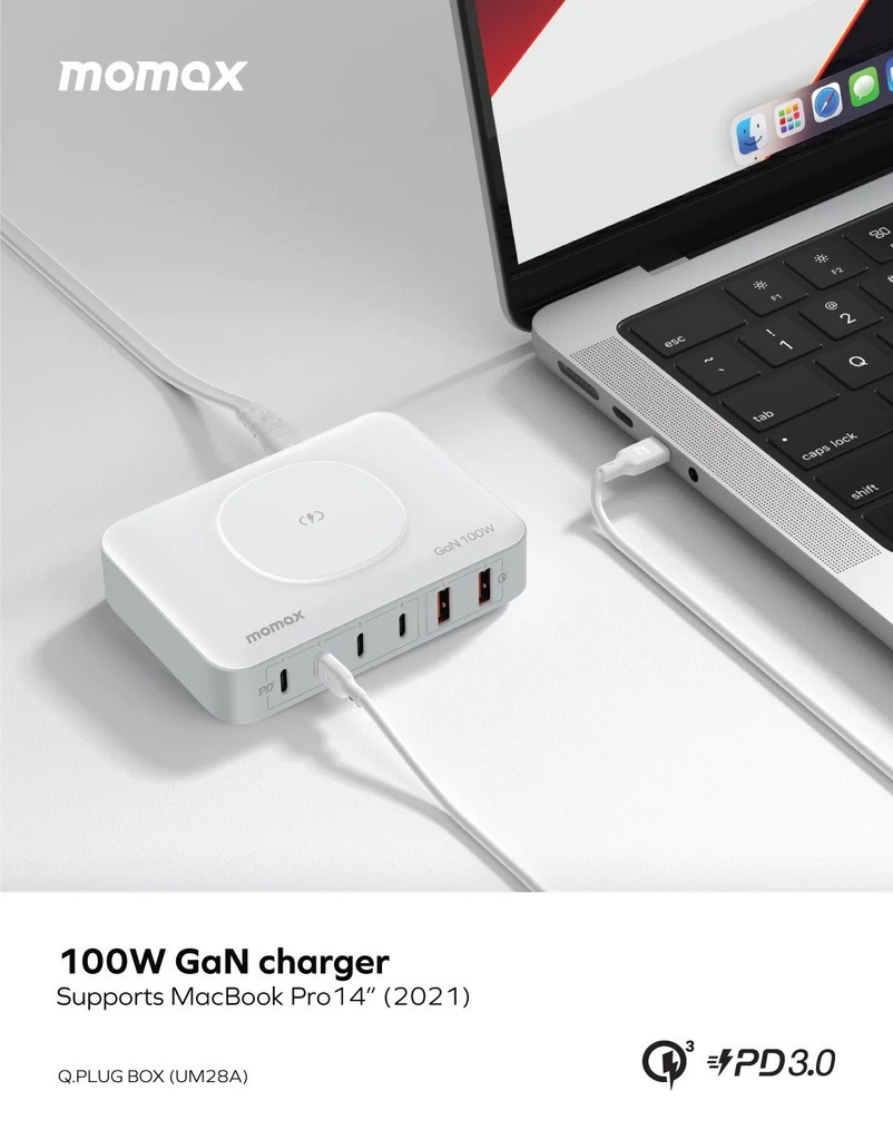 Momax Q.PLUG BOX 100W 6-Port GaN with Wireless Charging (White)