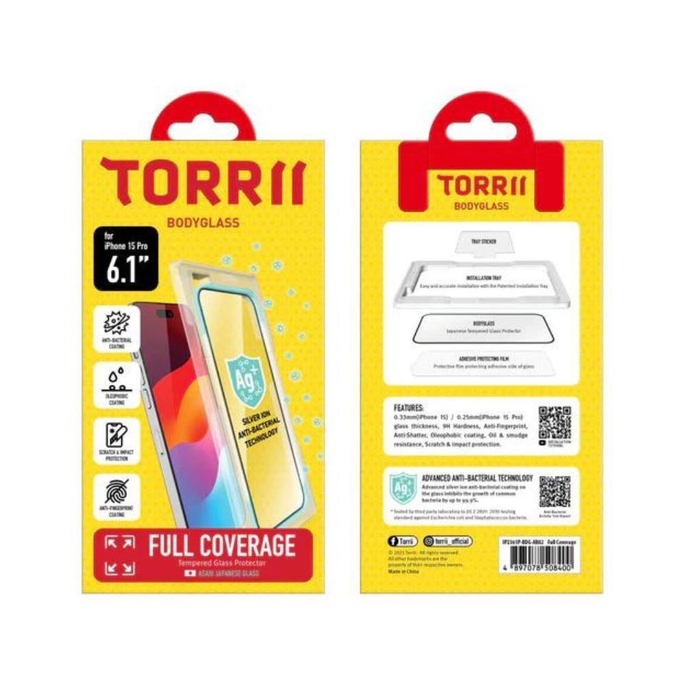 Torrii BodyGlass Anti-Bacterial Full Coverage Screen Protector for iPhone 15 Pro (Black)