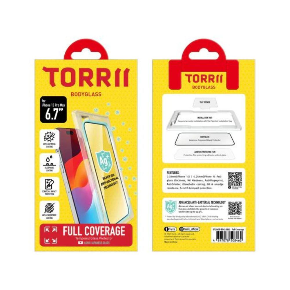 Torrii BodyGlass Anti-Bacterial Full Coverage Screen Protector for iPhone 15 Pro Max (Black)