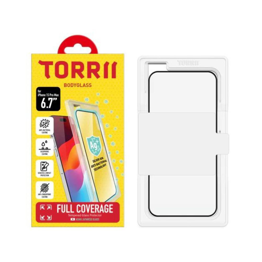 Torrii BodyGlass Anti-Bacterial Full Coverage Screen Protector for iPhone 15 Pro Max (Black)
