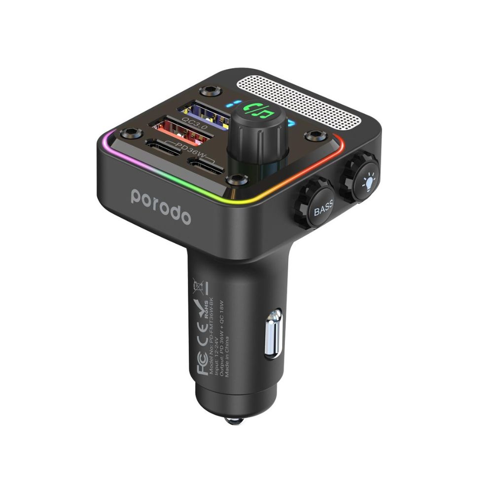 Porodo Quick-Charge FM Car Charger Dual USB-C & USB-A