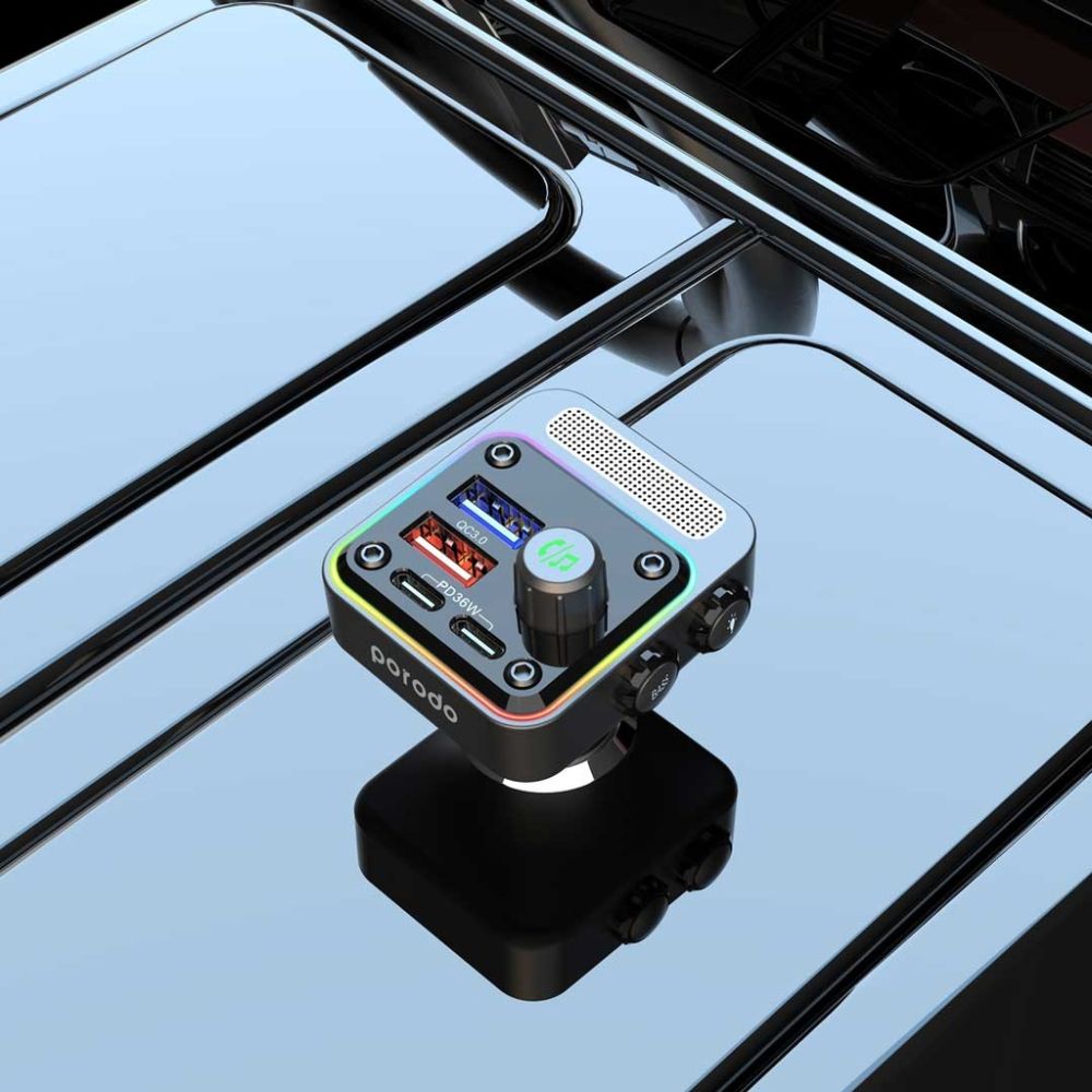 Porodo Quick-Charge FM Car Charger Dual USB-C & USB-A
