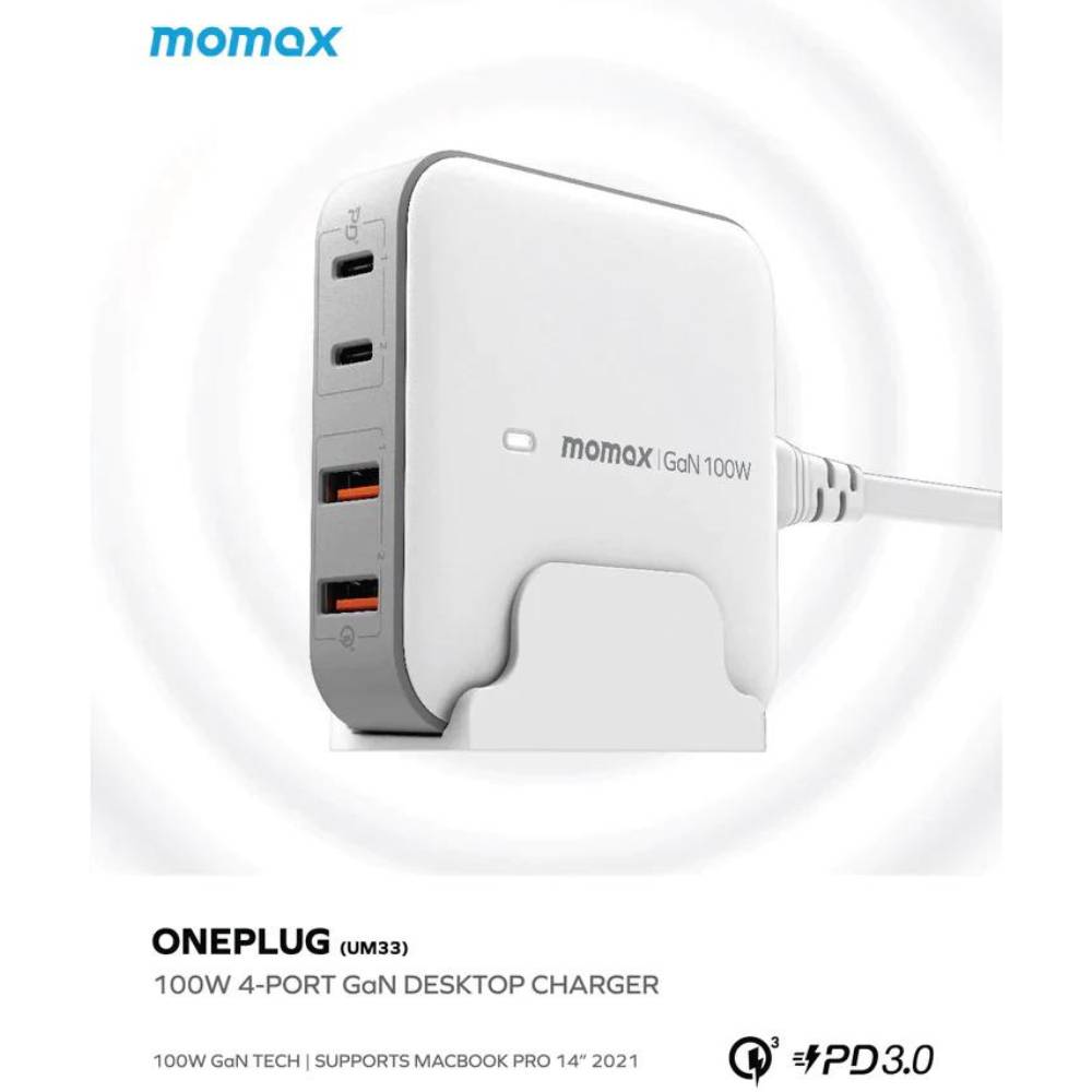Momax ONEPLUG 100W 4-Port GaN Desktop Charger (White)