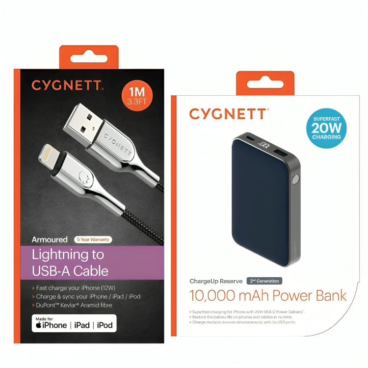 Cygnett Cable + Power bank Bundle (Lightning - USB-A 1m , Power bank Reserve 10000mAh)