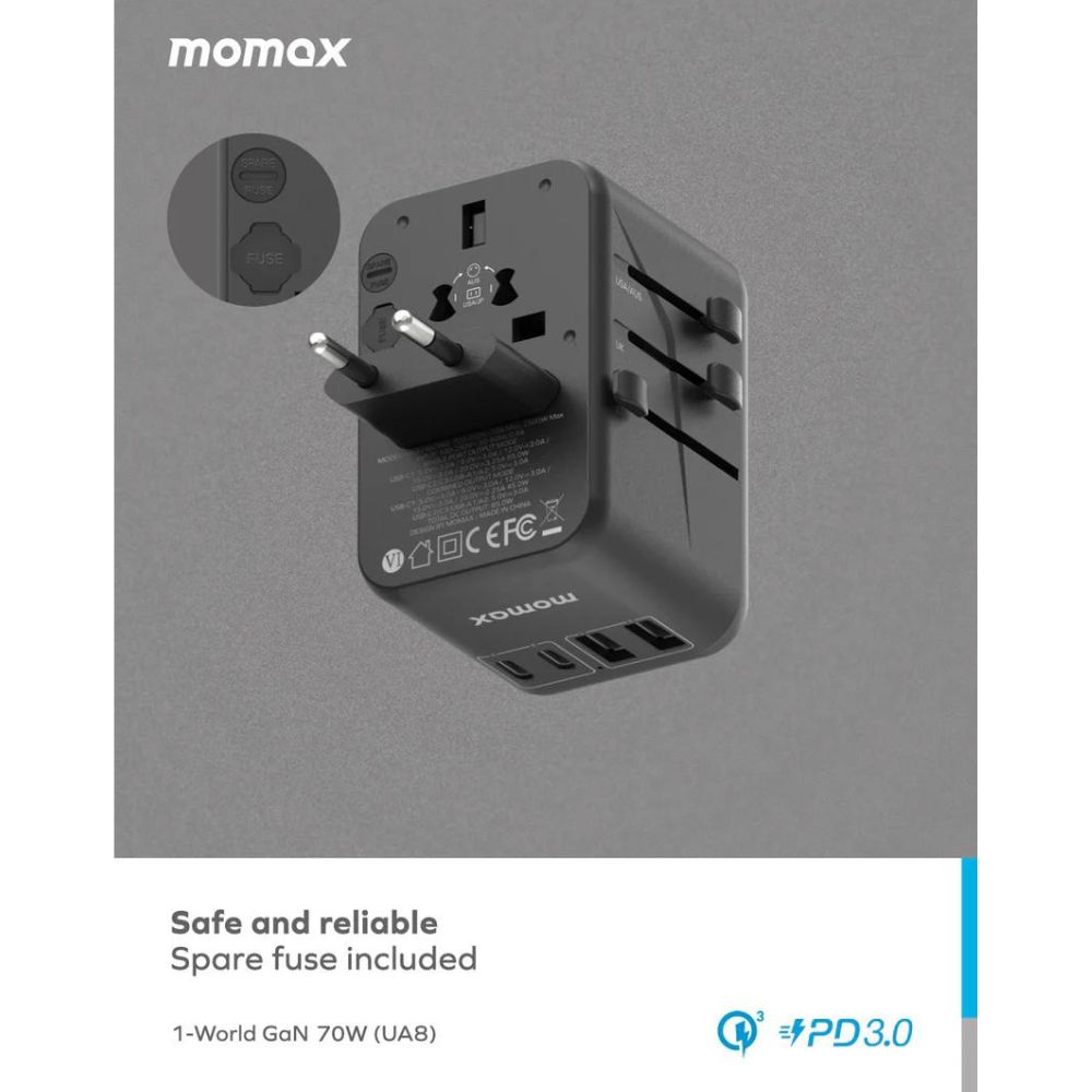 Momax Bundle Set (One Plug 70W+Port Desktop Charger+iPower PD 3 Powerbank 10000 mAh Black)