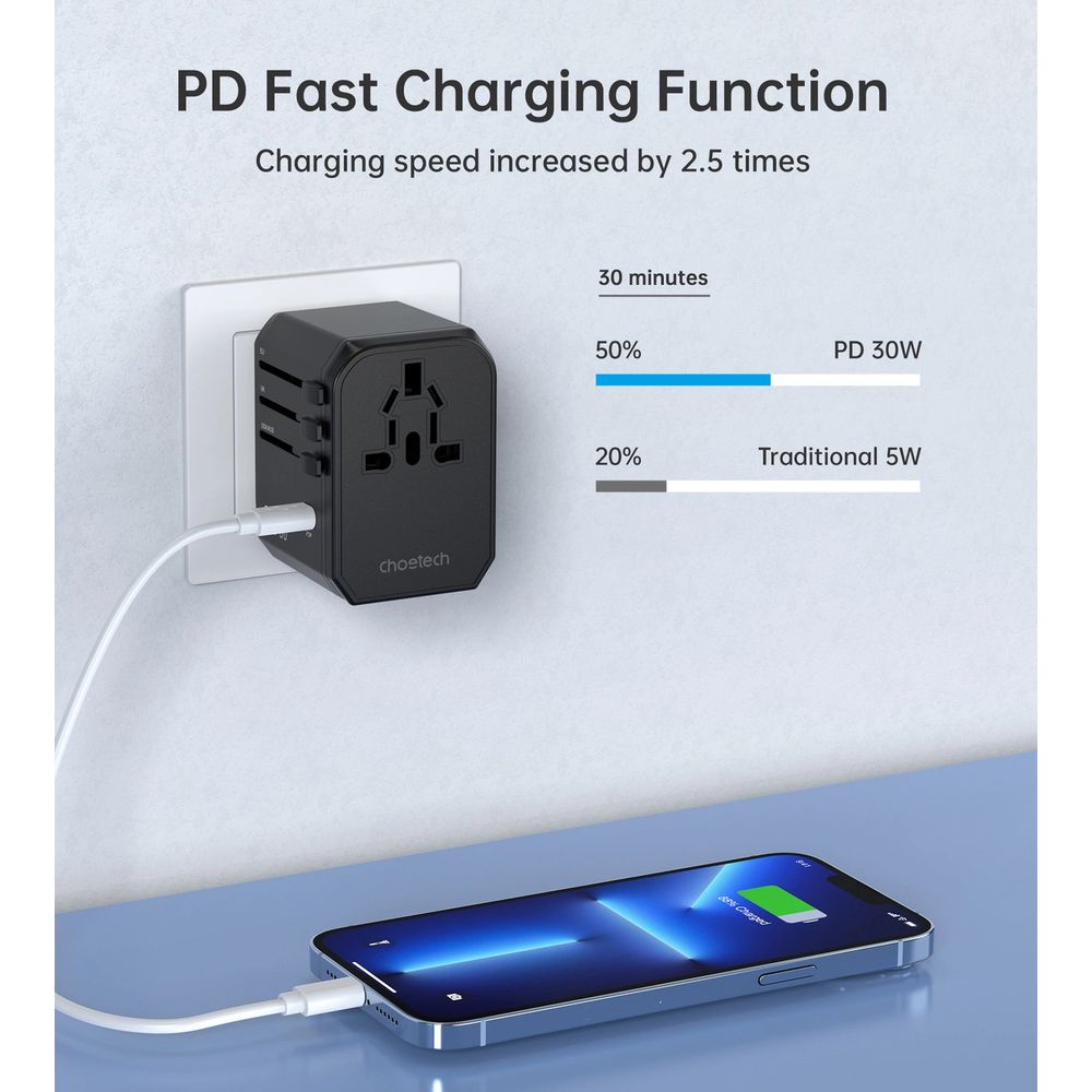 Choetech PD30W C+2A Travel Wall Adapter (Black)