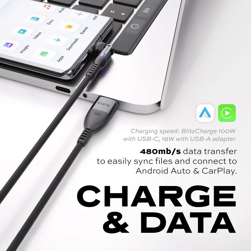Statik PowerPivot Pro 100w Nylon Braided USB-C to C Cable 1.8M (Black)