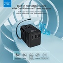 Brave Universal Travel Adapter, GaN3 Fast Charger 45W with Type-C Retractable Cable & 2 USB-A + 1 Type-C Port, 2500W Max, BTC-34 (Black)