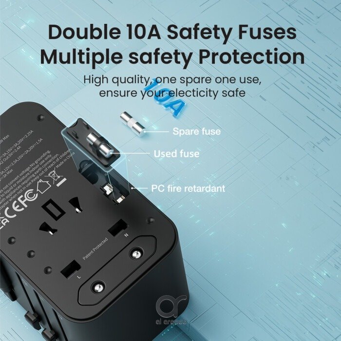 Brave Universal Travel Adapter, GaN3 Fast Charger 45W with Type-C Retractable Cable & 2 USB-A + 1 Type-C Port, 2500W Max, BTC-34 (Black)