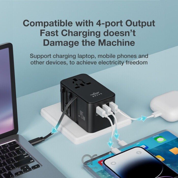 Brave Universal Travel Adapter, GaN3 Fast Charger 45W with Type-C Retractable Cable & 2 USB-A + 1 Type-C Port, 2500W Max, BTC-34 (Black)