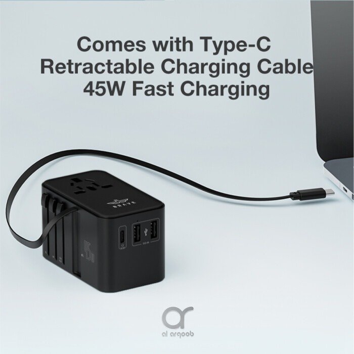 Brave Universal Travel Adapter, GaN3 Fast Charger 45W with Type-C Retractable Cable & 2 USB-A + 1 Type-C Port, 2500W Max, BTC-34 (Black)