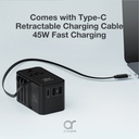 Brave Universal Travel Adapter, GaN3 Fast Charger 45W with Type-C Retractable Cable & 2 USB-A + 1 Type-C Port, 2500W Max, BTC-34 (Black)