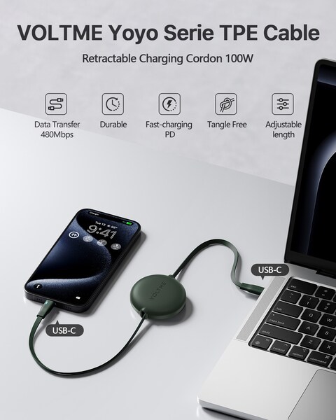 Voltme Powerlink YoYo Cable 5A 1.0M Retractable (Dual-Way Retractable Cable) Type C to Type C (England Green)