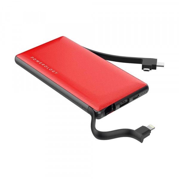 Powerology 6 in 1 Power Station 10000mAh with Built-In Cable (Red)