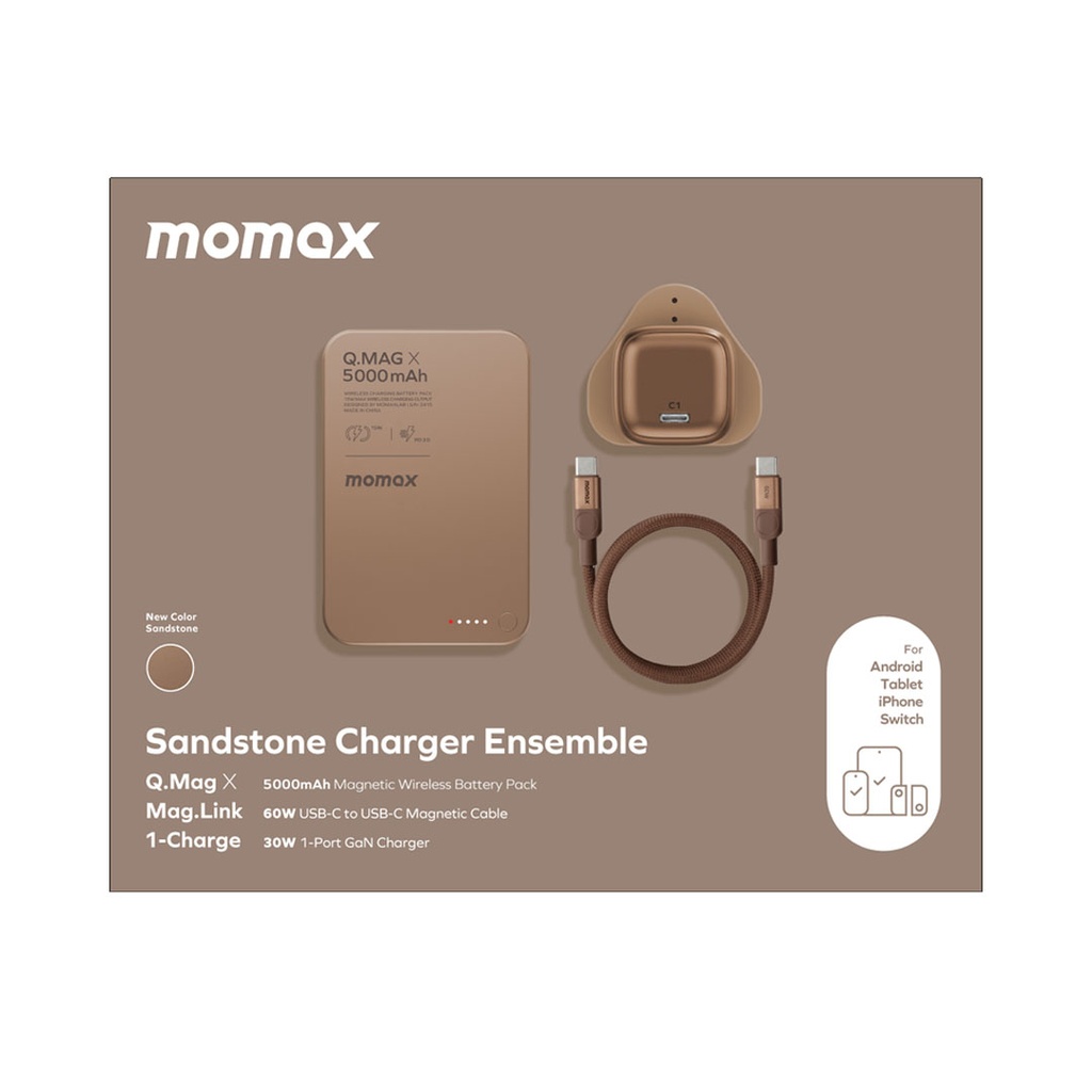 Momax Bundle Set ( 30Watts Charger 1-port type C + Mag Link Type C to Type C Cable 1M 60Watts + Q.Mag Power Bank 5000mAh Wireless Mag Safe Charge  )
