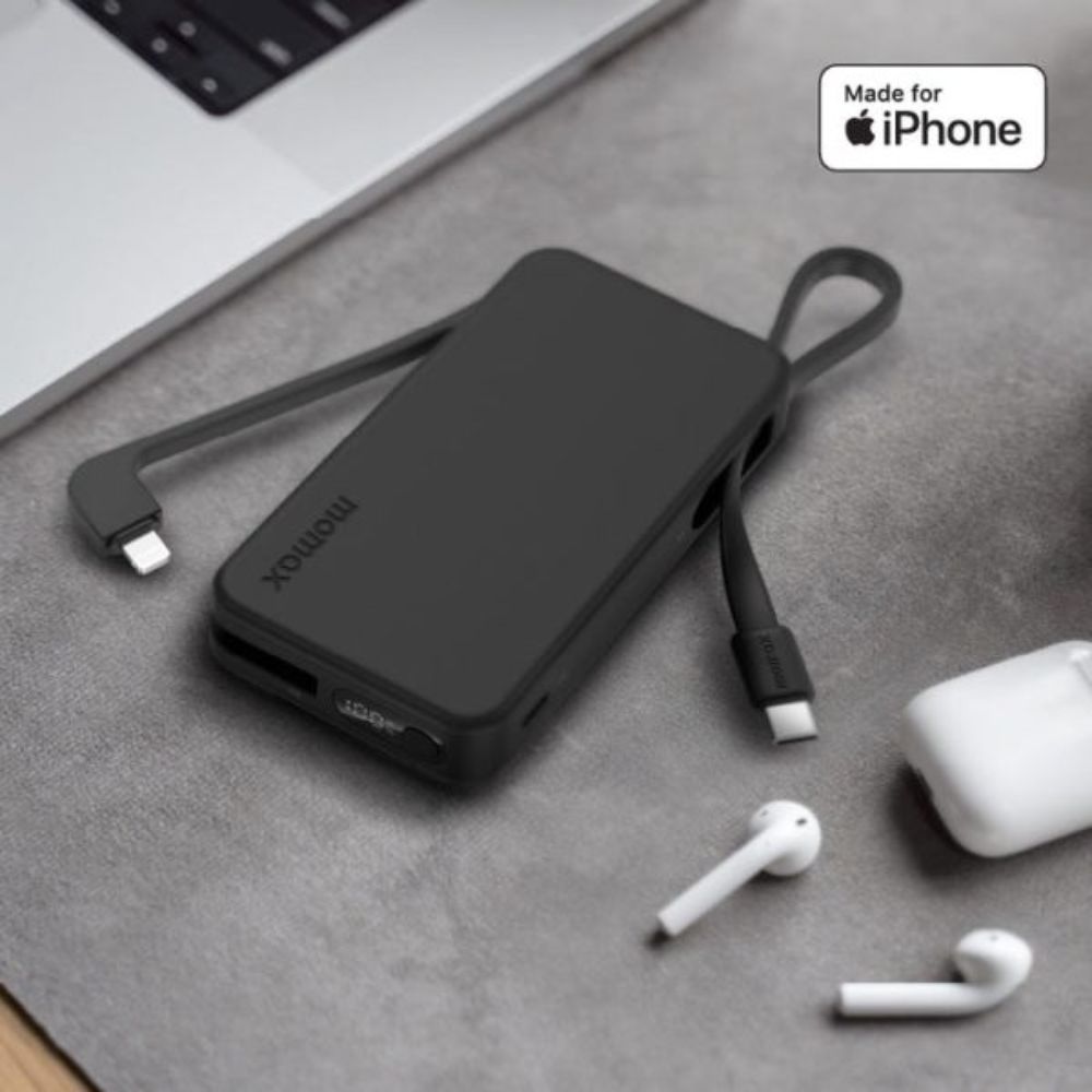 Momax 1-Power Vital+ 10000mAh Battery Pack with Built-in USB-C and Lightning Cable (Black)
