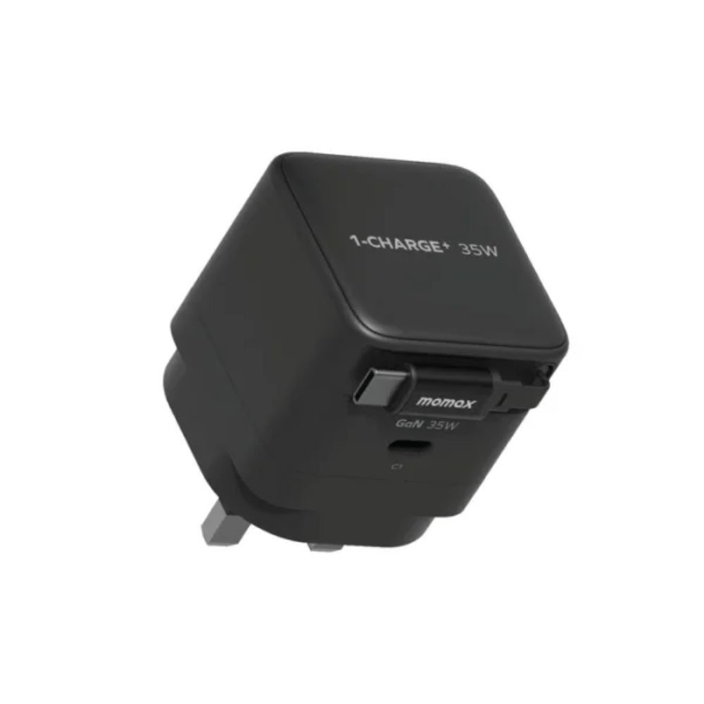 Momax 1-Charge+ 1-Port GaN 35W charger with Retractable USB-C Cable (Black)