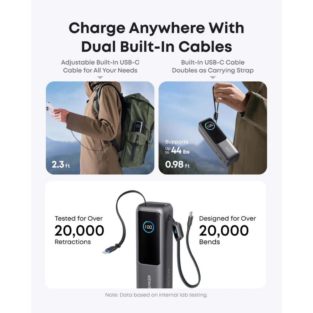 Anker Power Bank (25K, 165W, Built-In and Retractable Cables) (Black)