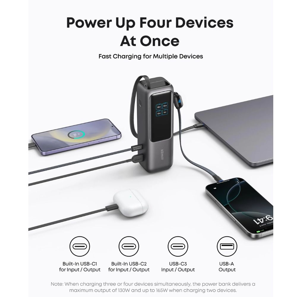 Anker Power Bank (25K, 165W, Built-In and Retractable Cables) (Black)
