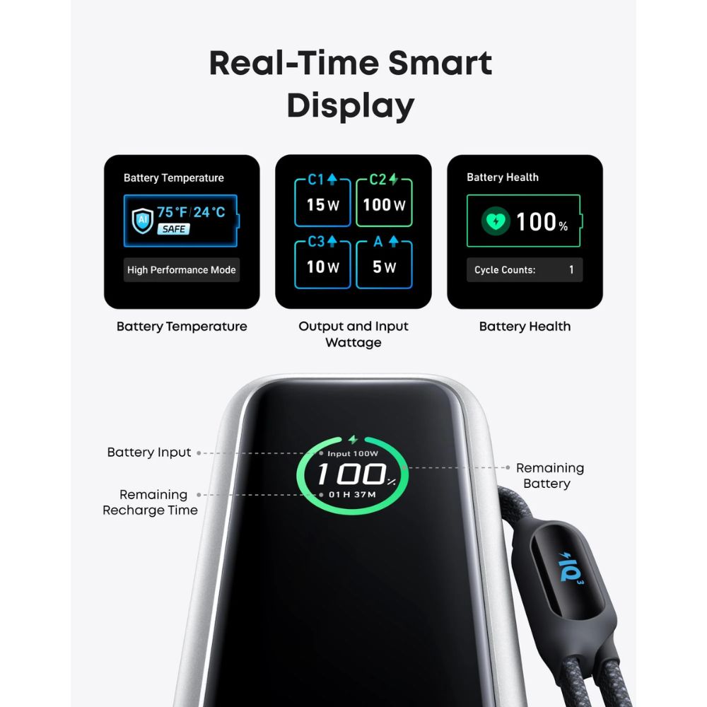Anker Power Bank (25K, 165W, Built-In and Retractable Cables) (Black)