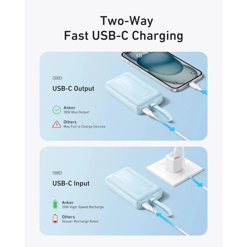 Anker Zolo Power Bank (20K, 30W, Built-In USB-C Cable) (Blue)