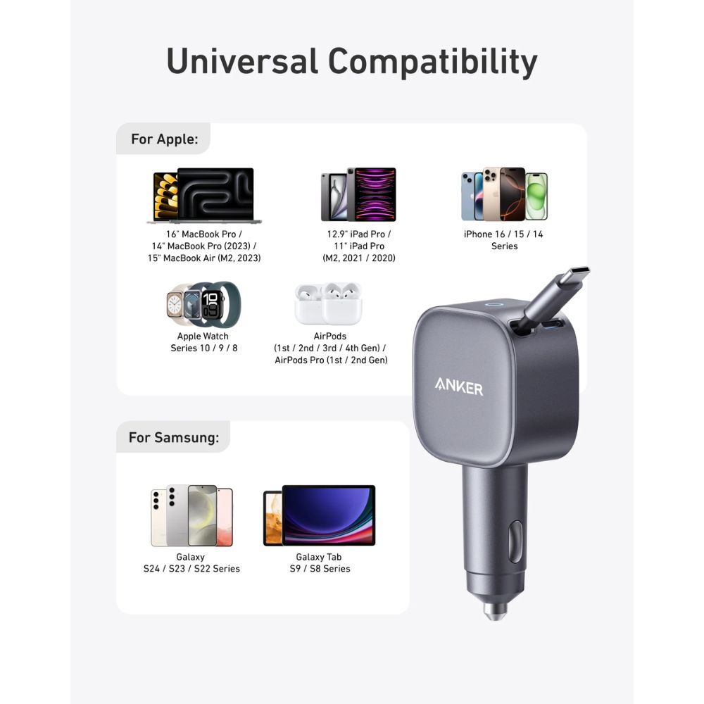 Anker nano Car Charger (75W, USB-C Port, Built-in Retractable USB-C Cable) (Silver)