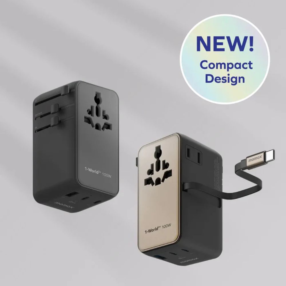 Momax 1-World2+ 100W 4-Port Dual AC Travel Adaptor with Built-in retractable Cable (Black)
