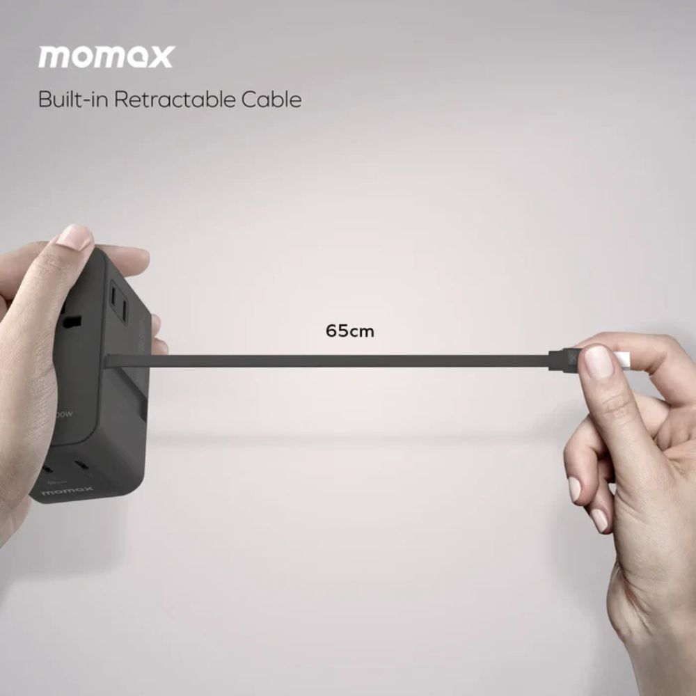 Momax 1-World2+ 100W 4-Port Dual AC Travel Adaptor with Built-in retractable Cable (Black)
